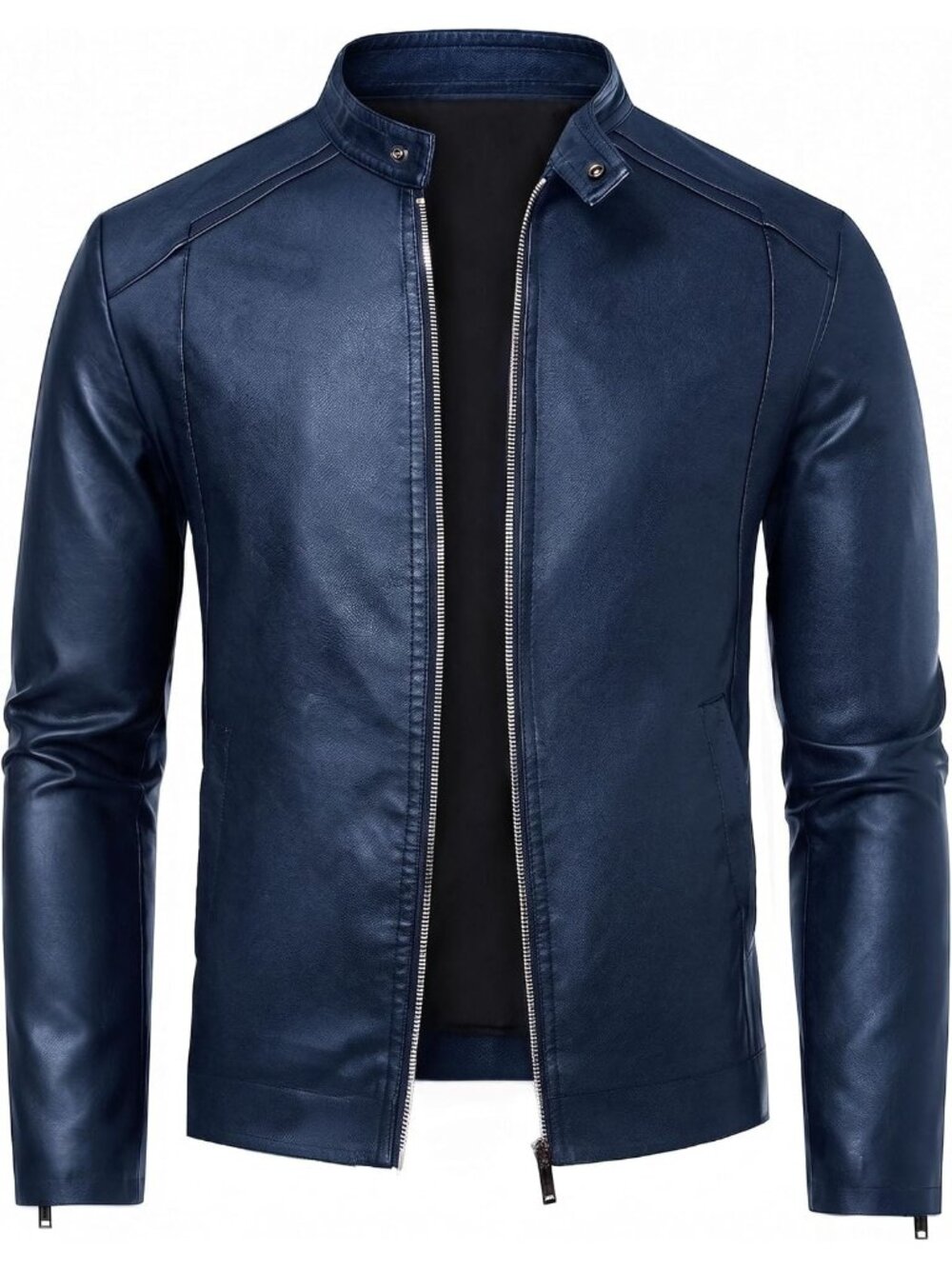 Men’s Dark Blue Faux Leather Motorcycle Moto Biker Jacket Stand Collar Coat